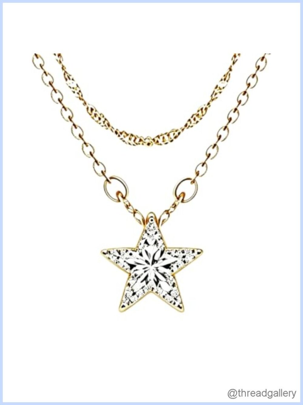 Dainty Double Chain Necklace 14K Gold Plated Round Star CZ Pendant
